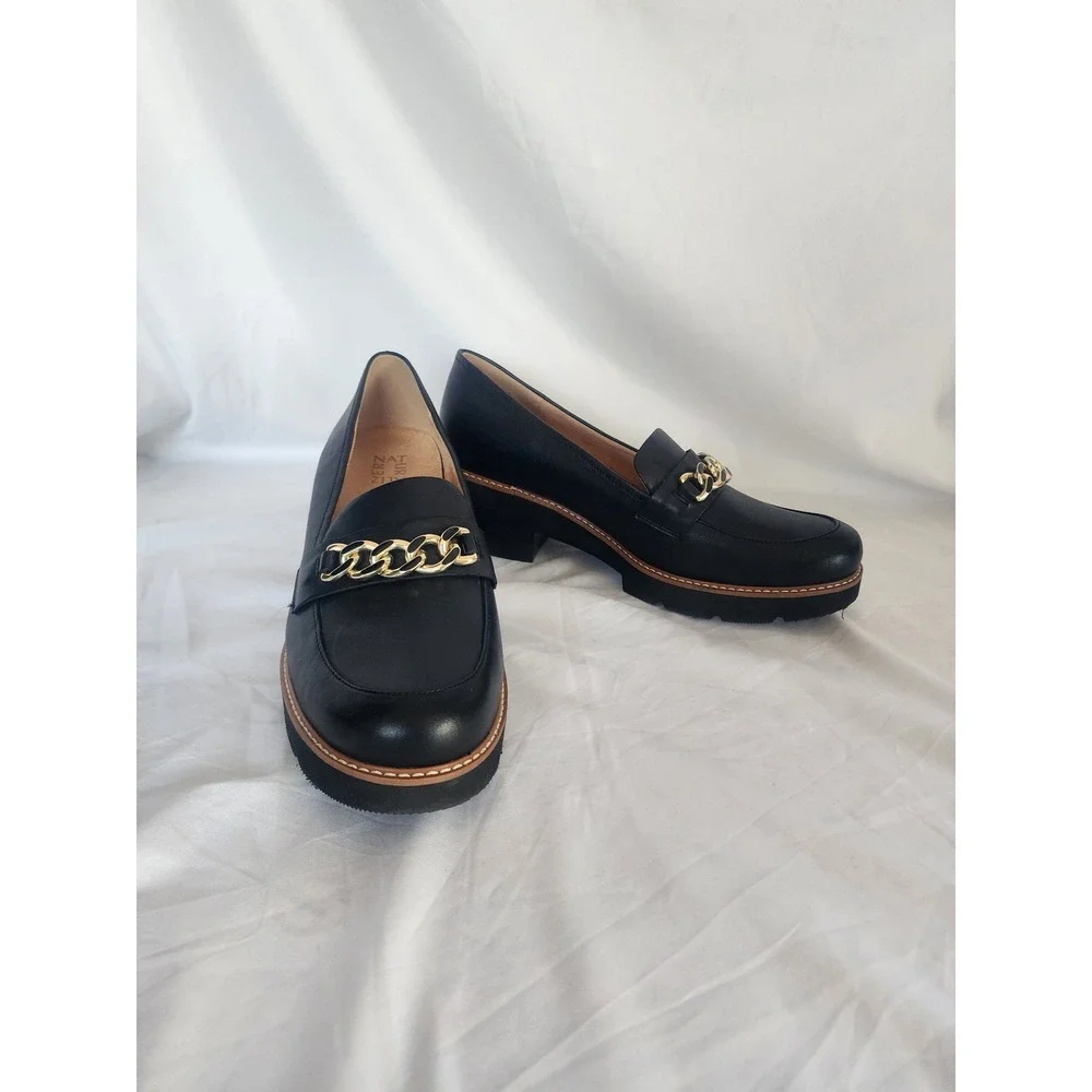Naturalizer Darry Black Leather Chunky Lug Sole Chain Loafers Womens 12W Wide